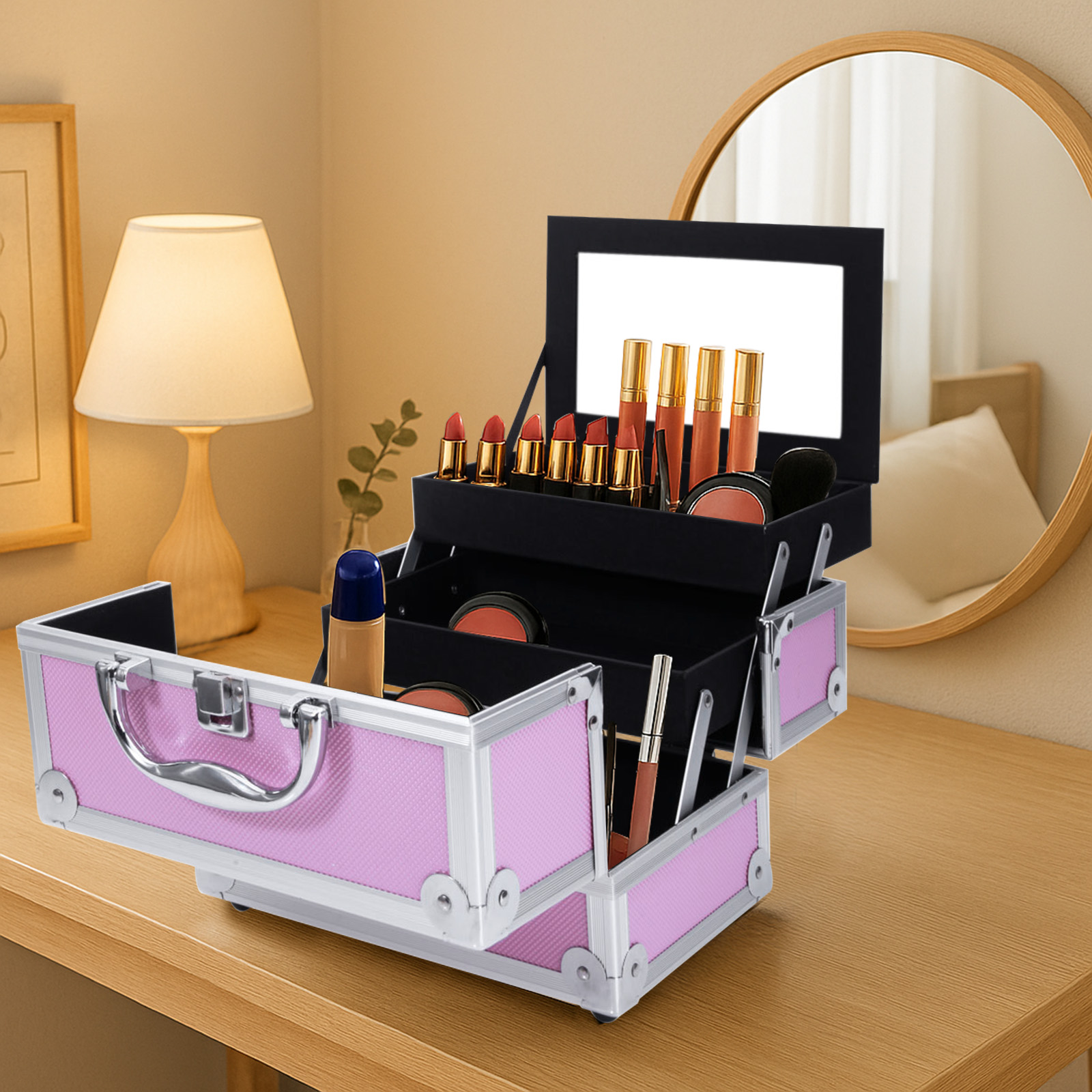 Travel Accessories Organizer Bag - Pink Aluminum Alloy Makeup Case, Double